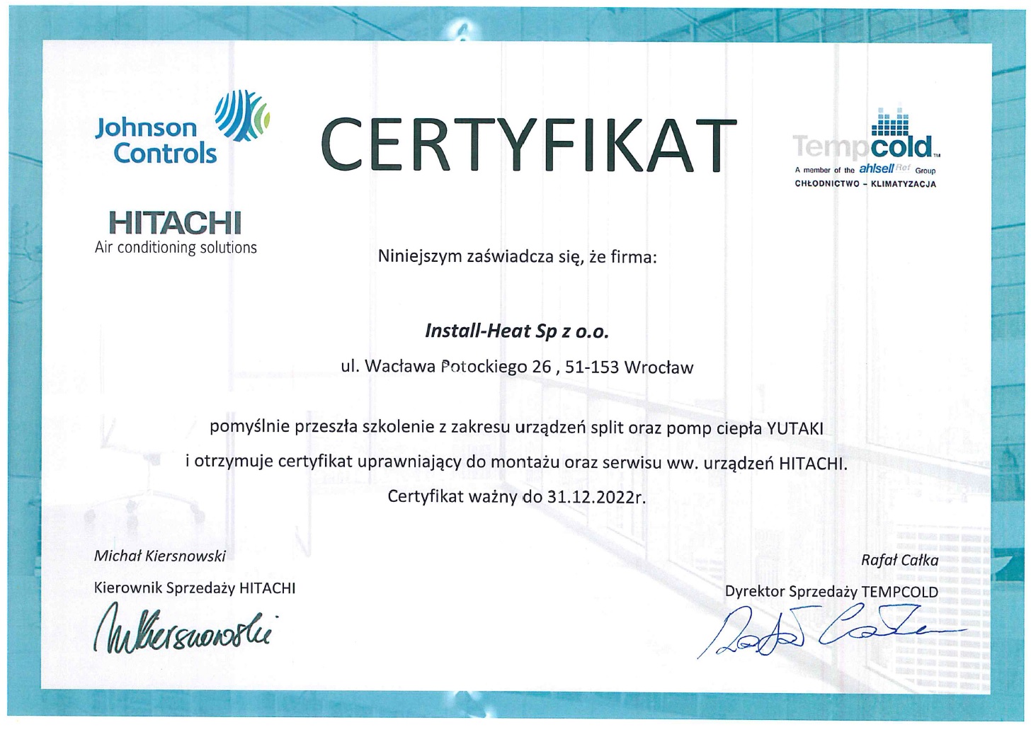 Uzyskanie certyfikatu Autoryzowany instalator Hitachi